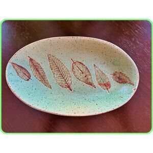 Handmade Jade Green Platter Dish Pottery w/ Red Leaves by Debb